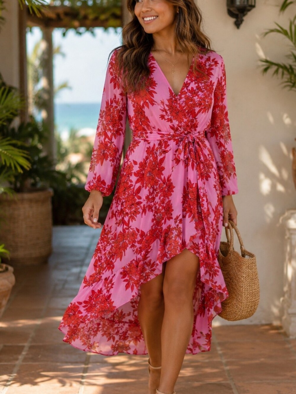CAbi  Floral High Low Wrap Dress XS Boho Long Sleeve